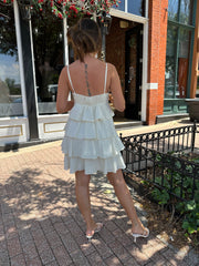 Emily Beige Beaded Tiered Ruffle Mini Dress