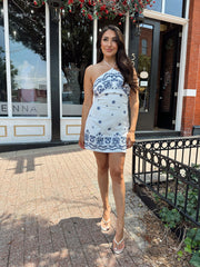Gigi White and Blue Embroidered Mini Dress