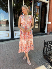 Hannah Peach Floral Pleated Midi Dress