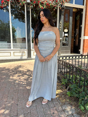Heather Grey Strapless Ruched Maxi Dress