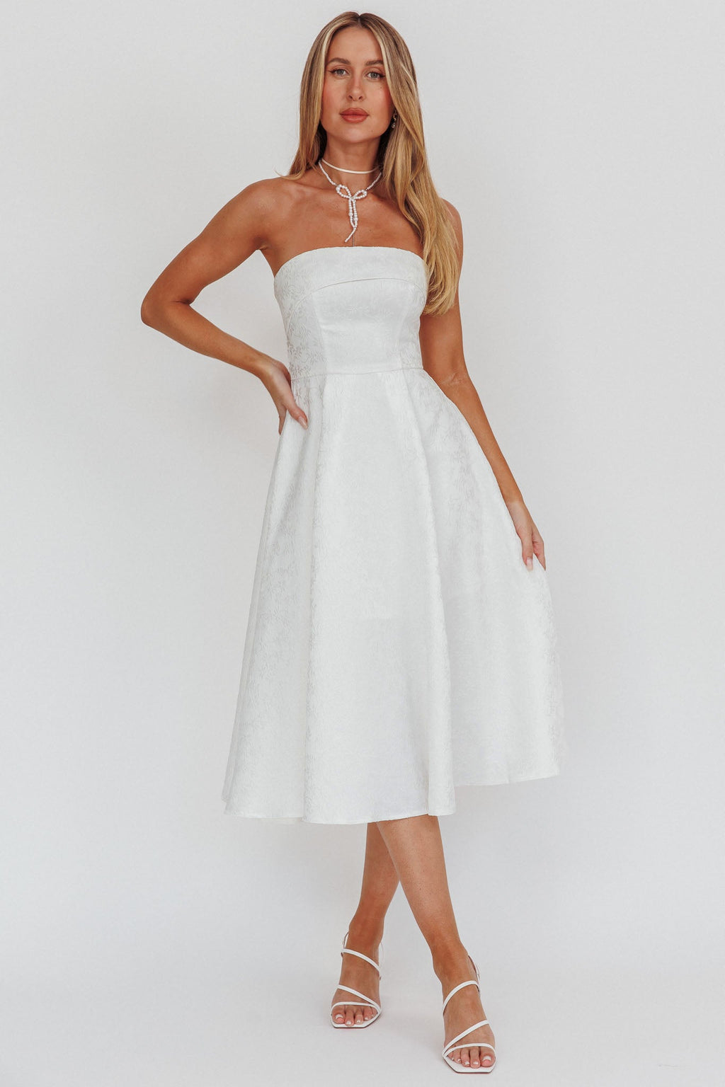 Worship Strapless A-Line Midi Dress White