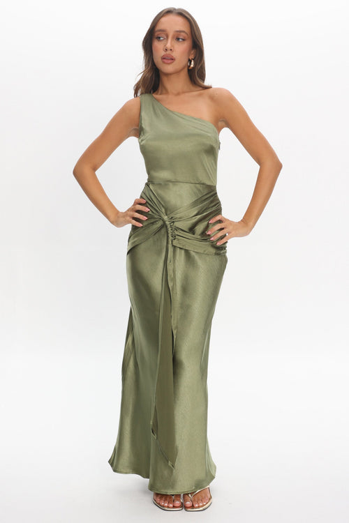 Luli One-Shoulder Waist Sash Maxi Dress Olive