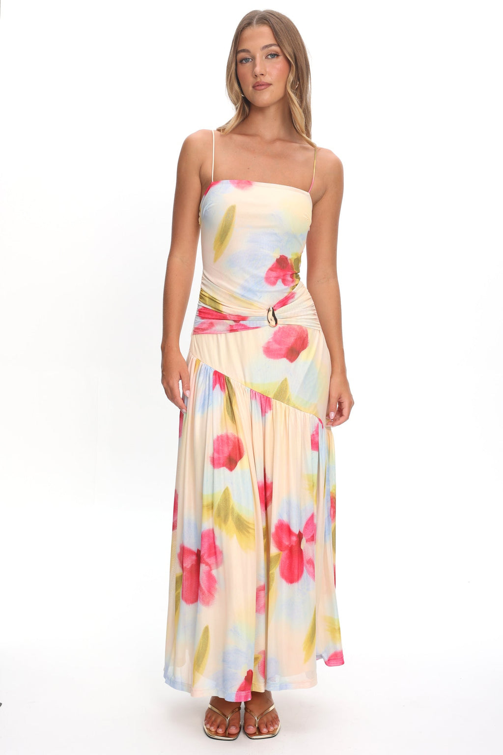Azure Sun Drop Waist Split Maxi Dress Floral