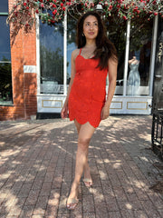 Kyrie Coral Red Crochet Mini Dress