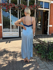 Miranda Blue Colorblock Satin Halter Maxi Dress