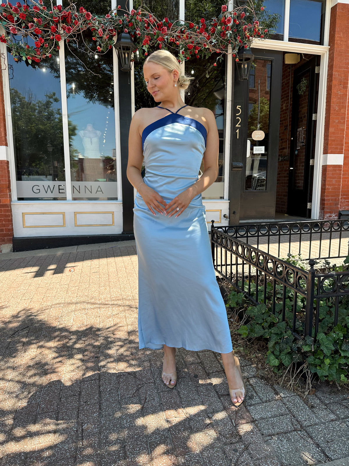 Miranda Blue Colorblock Satin Halter Maxi Dress