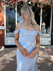 Raylin Blue Satin Off The Shoulder Midi Dress
