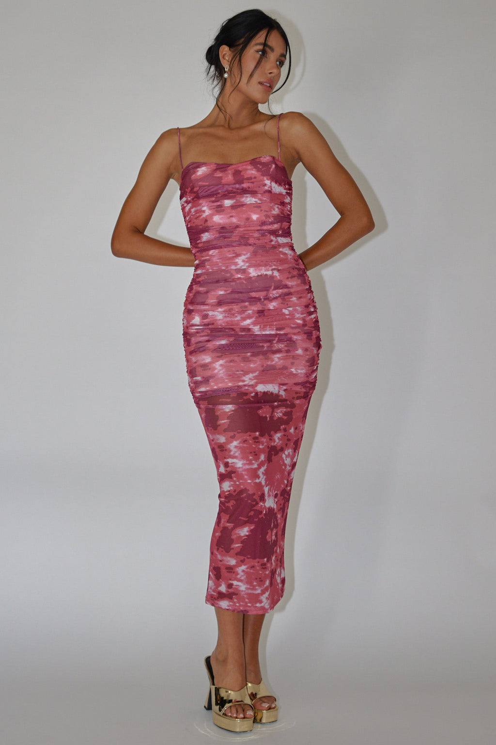 Logan Strapless Ruched Midi Dress Print Wine