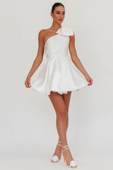 Athens Shoulder Bow Bubble Hem Mini Dress Off White