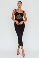 Oliana Embroidered Mesh Midi Dress Black