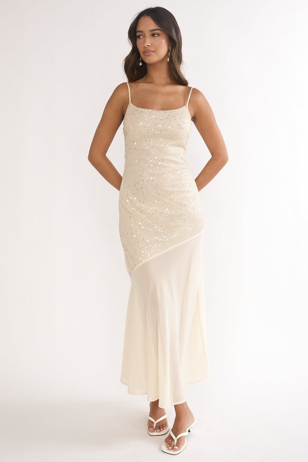 Gilded Dream Chiffon Hem Maxi Dress Sequin Oyster