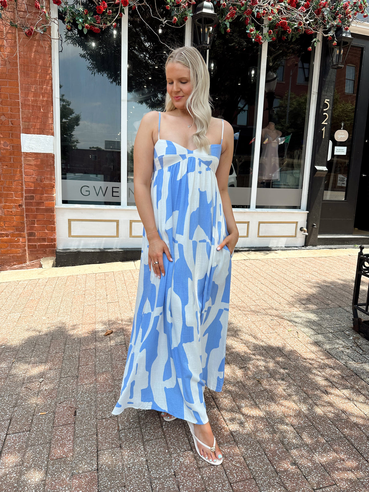 Vera Blue Geometric Linen Maxi Dress