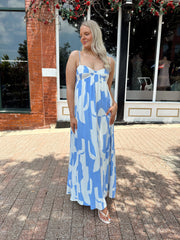 Vera Blue Geometric Linen Maxi Dress
