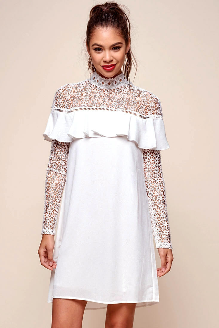 Mendes Lace Detailed High Neck Long Sleeved Dress White